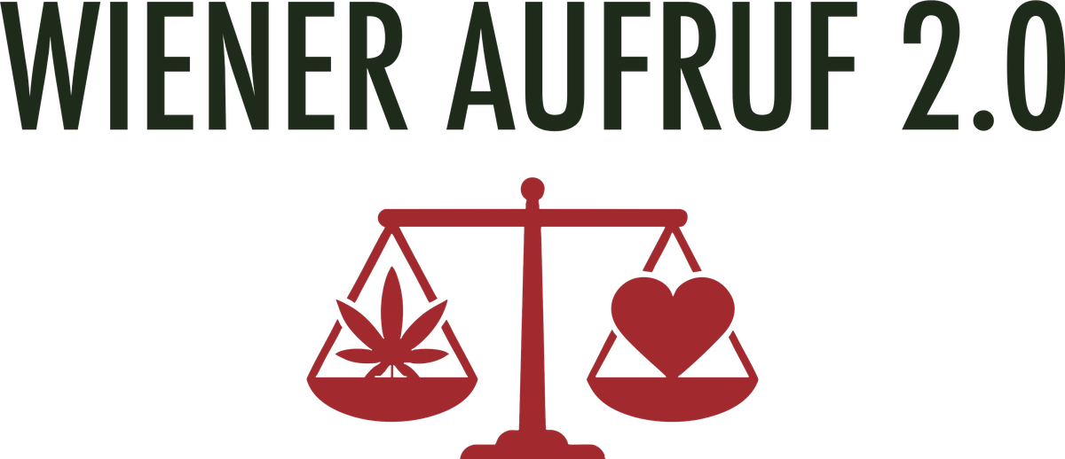 Logo Wiener Aufruf 2.0: Schriftzug und Waage mit Hanfblatt und Herz